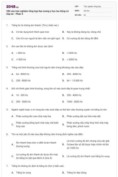 280 câu trắc nghiệm tổng hợp Đại cương y học lao động có đáp án - Phần 4