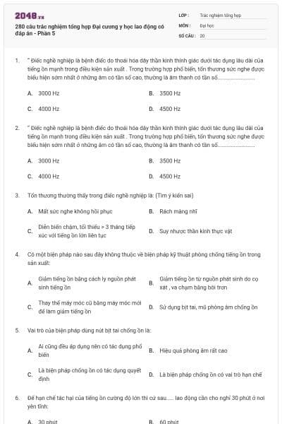 280 câu trắc nghiệm tổng hợp Đại cương y học lao động có đáp án - Phần 5