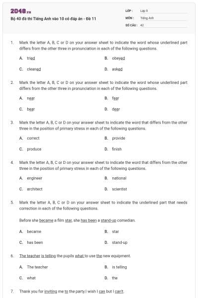 Bộ 40 đề thi Tiếng Anh vào 10 có đáp án - Đề 11