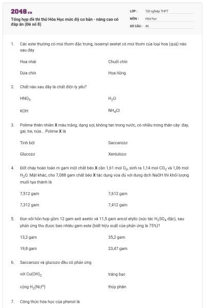 Tổng hợp đề thi thử Hóa Học mức độ cơ bản - nâng cao có đáp án (Đề số 8)