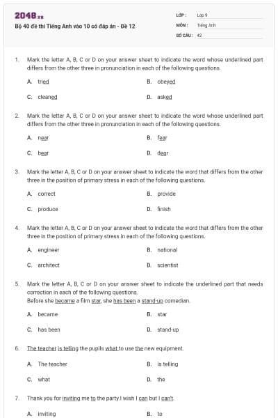 Bộ 40 đề thi Tiếng Anh vào 10 có đáp án - Đề 12