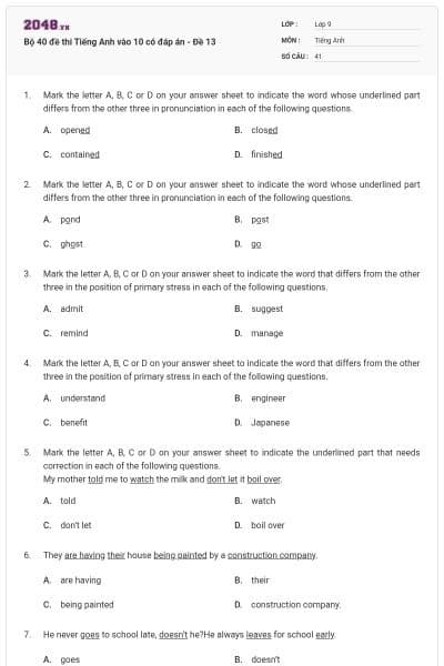 Bộ 40 đề thi Tiếng Anh vào 10 có đáp án - Đề 13