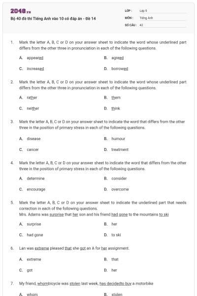 Bộ 40 đề thi Tiếng Anh vào 10 có đáp án - Đề 14