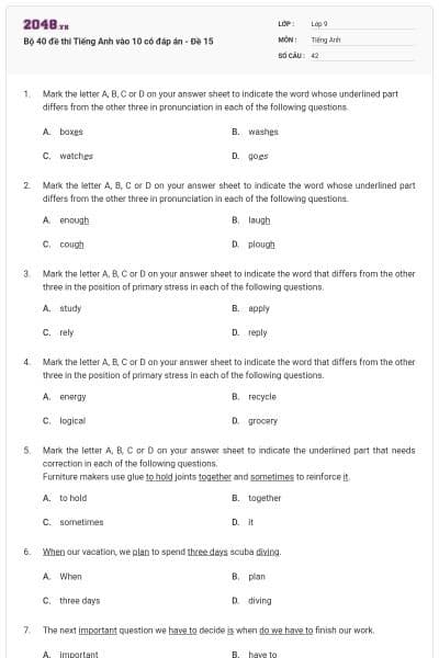 Bộ 40 đề thi Tiếng Anh vào 10 có đáp án - Đề 15