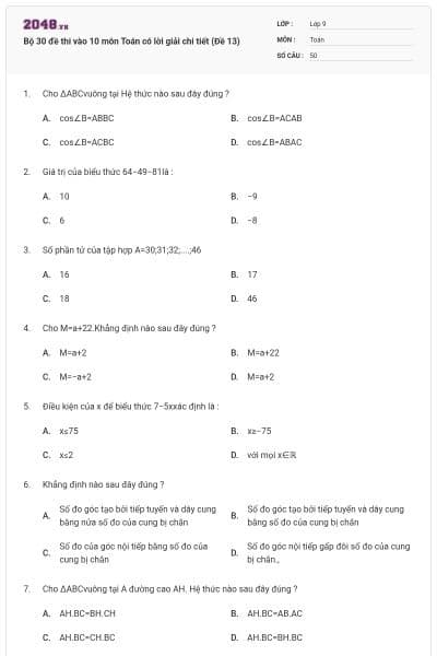 Bộ 30 đề thi vào 10 môn Toán có lời giải chi tiết (Đề 13)