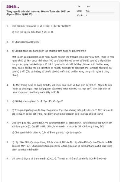 Tổng hợp đề thi chính thức vào 10 môn Toán năm 2021 có đáp án (Phần 1) (Đề 23)