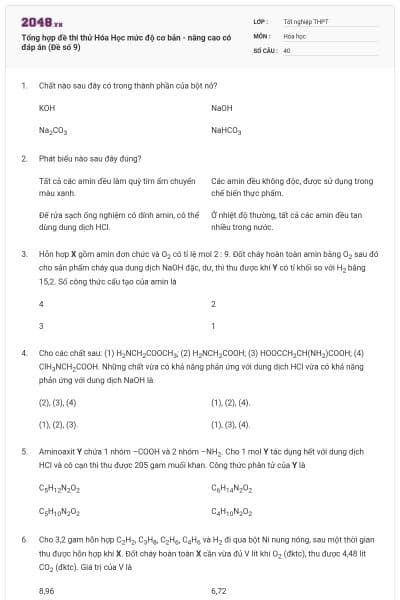Tổng hợp đề thi thử Hóa Học mức độ cơ bản - nâng cao có đáp án (Đề số 9)