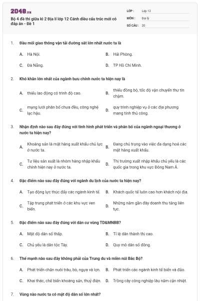 Bộ 4 đề thi giữa kì 2 Địa lí lớp 12 Cánh diều cấu trúc mới có đáp án - Đề 1