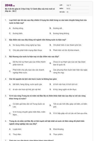 Bộ 4 đề thi giữa kì 2 Địa lí lớp 12 Cánh diều cấu trúc mới có đáp án - Đề 2