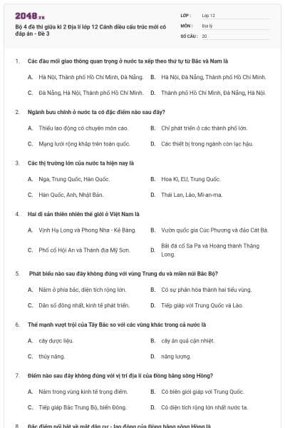 Bộ 4 đề thi giữa kì 2 Địa lí lớp 12 Cánh diều cấu trúc mới có đáp án - Đề 3