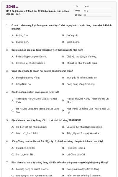 Bộ 4 đề thi giữa kì 2 Địa lí lớp 12 Cánh diều cấu trúc mới có đáp án - Đề 4