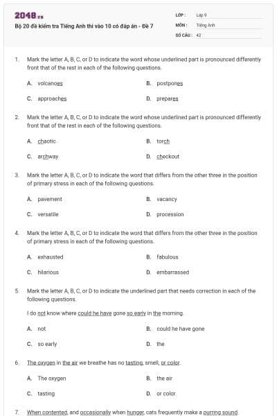 Bộ 20 đề kiểm tra Tiếng Anh thi vào 10 có đáp án - Đề 7