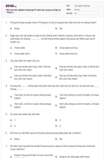 180 câu trắc nghiệm tổng hợp Vi sinh đại cương có đáp án - Phần 2