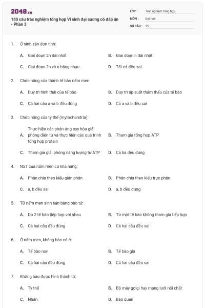 180 câu trắc nghiệm tổng hợp Vi sinh đại cương có đáp án - Phần 3