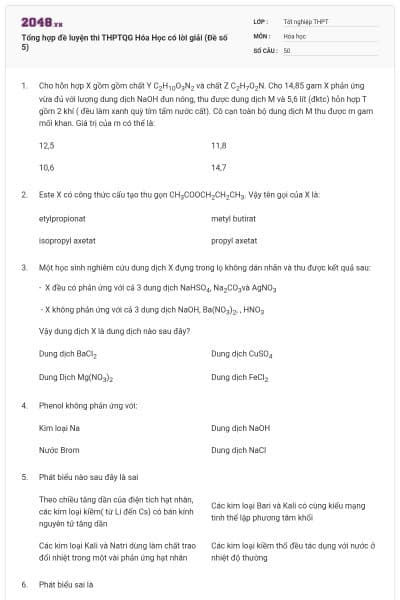 Tổng hợp đề luyện thi THPTQG Hóa Học có lời giải (Đề số 5)