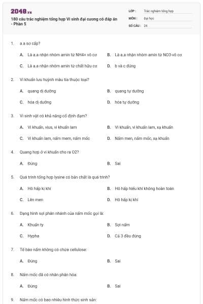 180 câu trắc nghiệm tổng hợp Vi sinh đại cương có đáp án - Phần 5