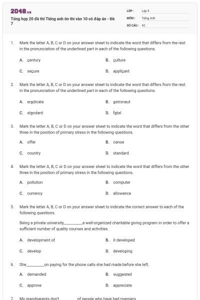 Tổng hợp 20 đề thi Tiếng anh ôn thi vào 10 có đáp án - Đề 7