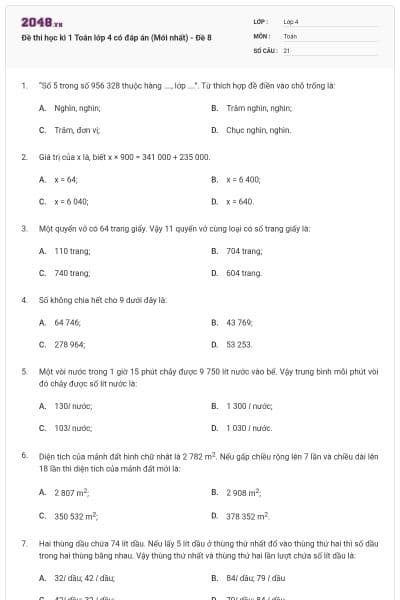 Đề thi học kì 1 Toán lớp 4 có đáp án (Mới nhất) - Đề 8