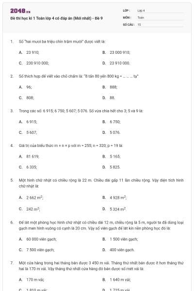 Đề thi học kì 1 Toán lớp 4 có đáp án (Mới nhất) - Đề 9