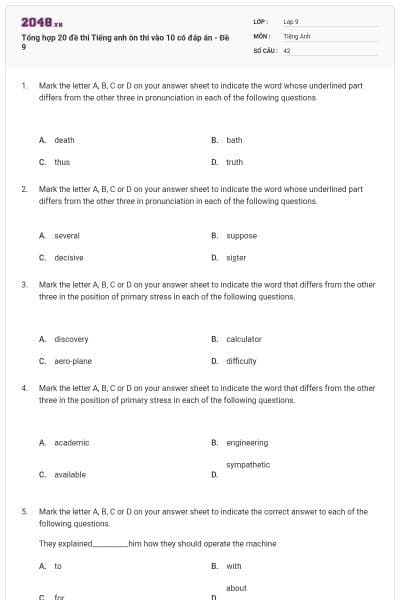 Tổng hợp 20 đề thi Tiếng anh ôn thi vào 10 có đáp án - Đề 9