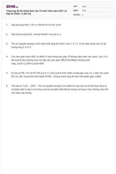 Tổng hợp đề thi chính thức vào 10 môn Toán năm 2021 có đáp án (Phần 1) (Đề 24)