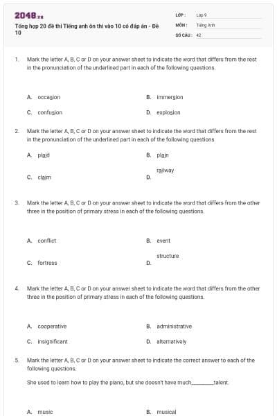 Tổng hợp 20 đề thi Tiếng anh ôn thi vào 10 có đáp án - Đề 10