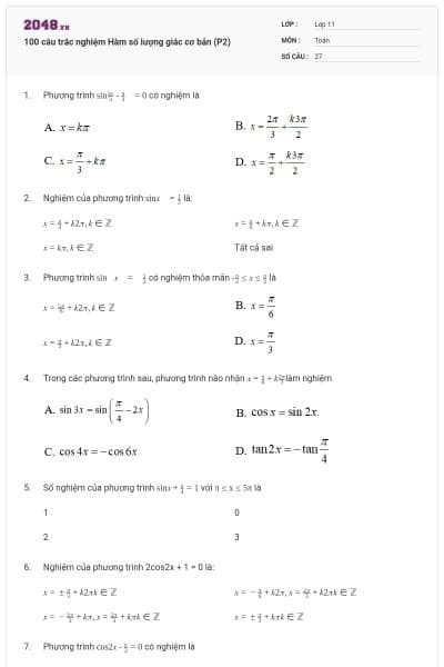 100 câu trắc nghiệm Hàm số lượng giác cơ bản (P2)