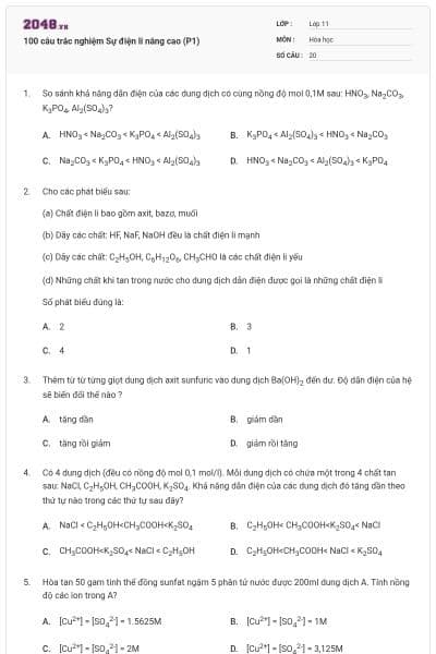 100 câu trắc nghiệm Sự điện li nâng cao (P1)