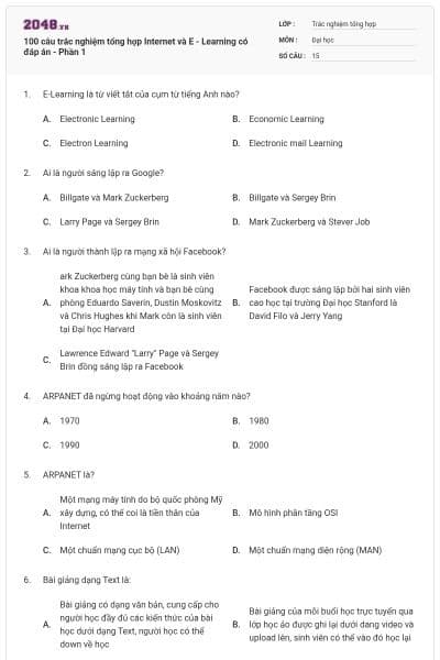 100 câu trắc nghiệm tổng hợp Internet và E - Learning có đáp án - Phần 1