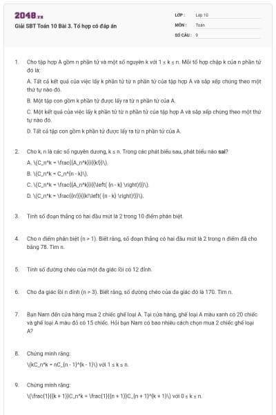 Giải SBT Toán 10 Bài 3. Tổ hợp có đáp án