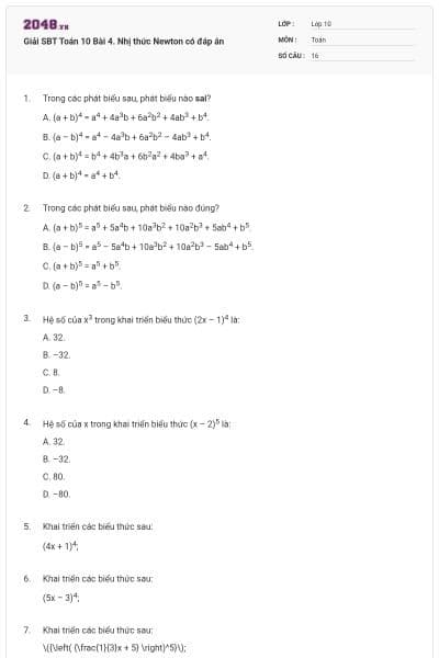 Giải SBT Toán 10 Bài 4. Nhị thức Newton có đáp án