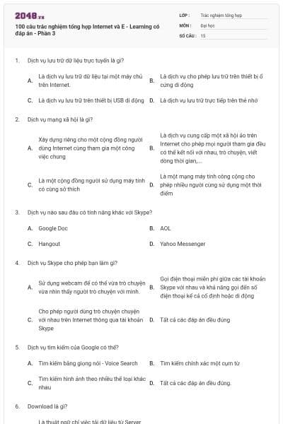 100 câu trắc nghiệm tổng hợp Internet và E - Learning có đáp án - Phần 3