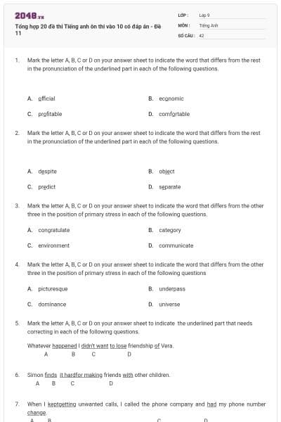 Tổng hợp 20 đề thi Tiếng anh ôn thi vào 10 có đáp án - Đề 11