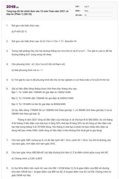 Tổng hợp đề thi chính thức vào 10 môn Toán năm 2021 có đáp án (Phần 1) (Đề 26)