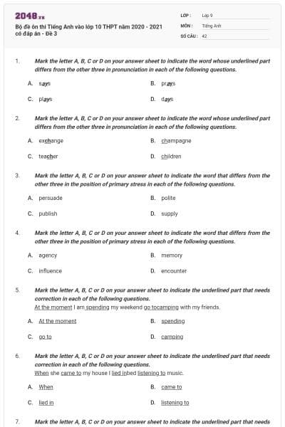 Bộ đề ôn thi Tiếng Anh vào lớp 10 THPT năm 2020 - 2021 có đáp án - Đề 3