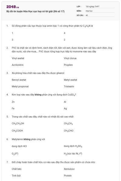 Bộ đề ôn luyện Hóa Học cực hay có lời giải (Đề số 17)