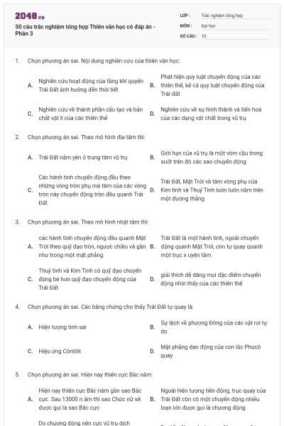 50 câu trắc nghiệm tổng hợp Thiên văn học có đáp án - Phần 3