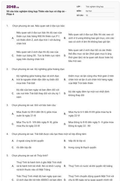 50 câu trắc nghiệm tổng hợp Thiên văn học có đáp án - Phần 4