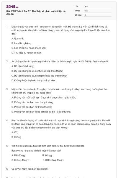 Giải VTH Toán 7 Bài 17. Thu thập và phân loại dữ liệu có đáp án