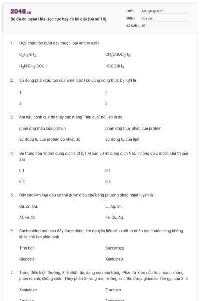 Bộ đề ôn luyện Hóa Học cực hay có lời giải (Đề số 18)