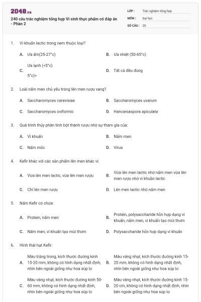 240 câu trắc nghiệm tổng hợp Vi sinh thực phẩm có đáp án - Phần 2