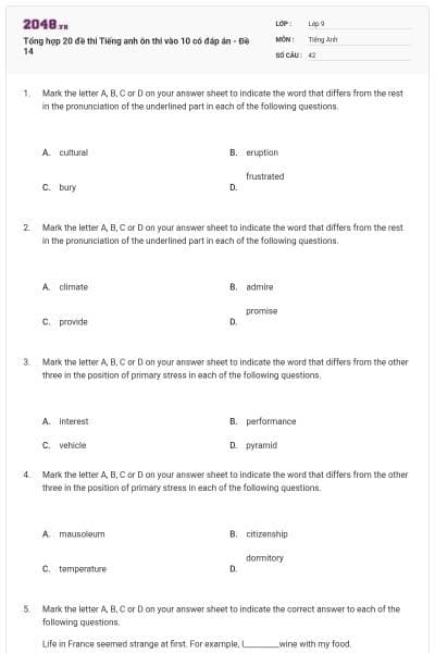 Tổng hợp 20 đề thi Tiếng anh ôn thi vào 10 có đáp án - Đề 14