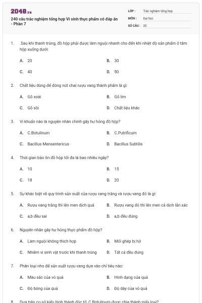 240 câu trắc nghiệm tổng hợp Vi sinh thực phẩm có đáp án - Phần 7