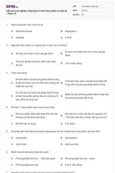240 câu trắc nghiệm tổng hợp Vi sinh thực phẩm có đáp án - Phần 10