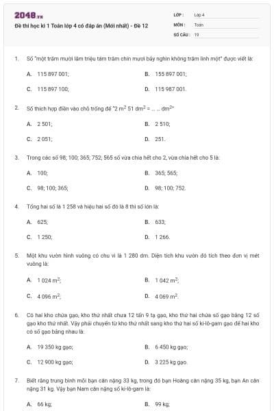 Đề thi học kì 1 Toán lớp 4 có đáp án (Mới nhất) - Đề 12