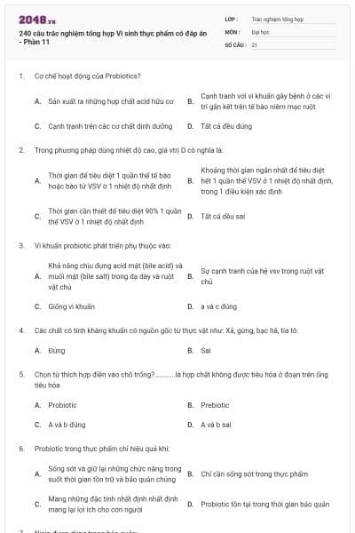 240 câu trắc nghiệm tổng hợp Vi sinh thực phẩm có đáp án - Phần 11