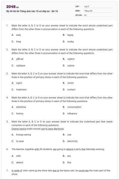 Bộ 40 đề thi Tiếng Anh vào 10 có đáp án - Đề 16