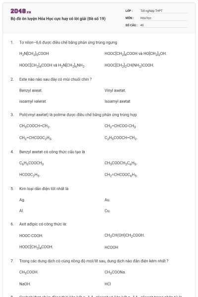 Bộ đề ôn luyện Hóa Học cực hay có lời giải (Đề số 19)