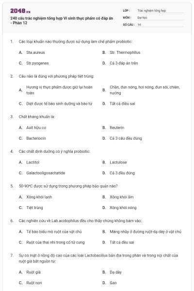 240 câu trắc nghiệm tổng hợp Vi sinh thực phẩm có đáp án - Phần 12