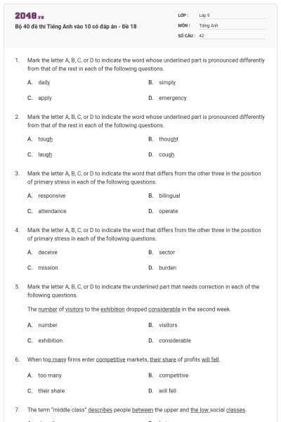 Bộ 40 đề thi Tiếng Anh vào 10 có đáp án - Đề 18